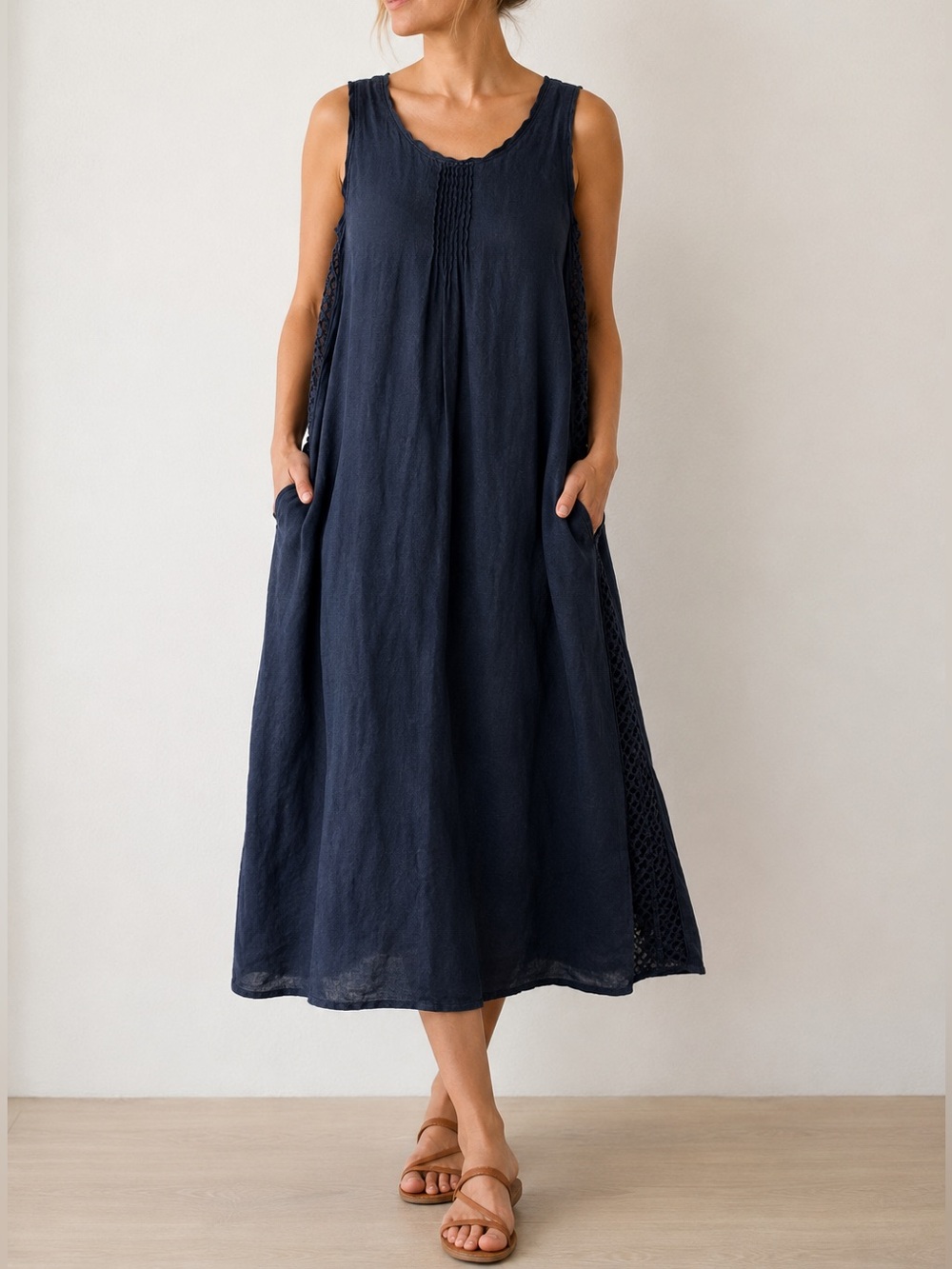 Johnny Was Linen Sleeveless Midi Dress Navy Blue Embroidered Side Panels Pockets